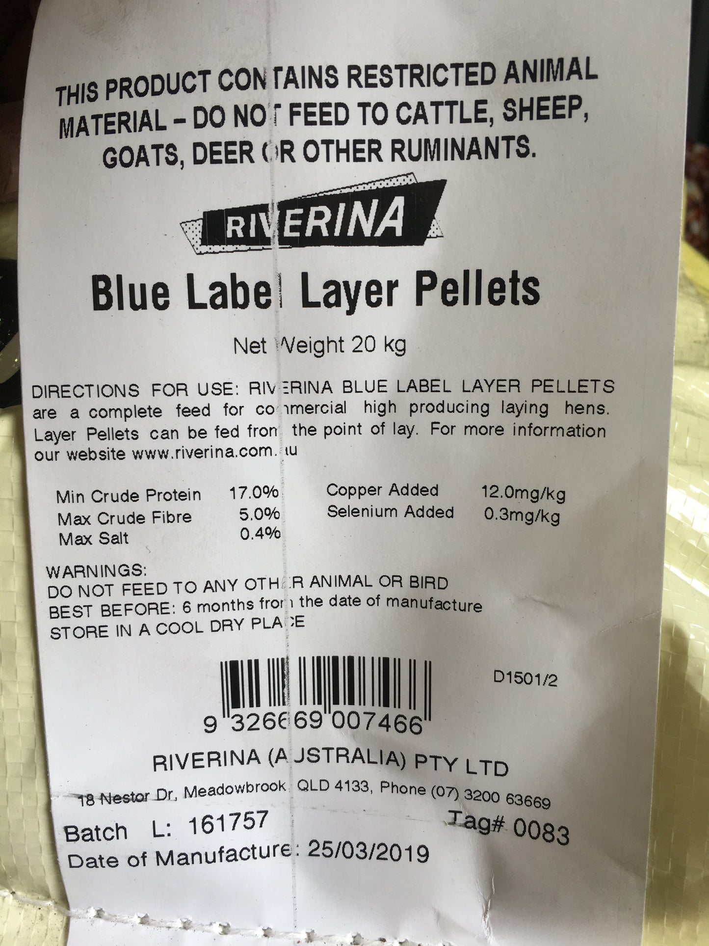 Riverina Blue Label Premium Layer Pellets 20kg